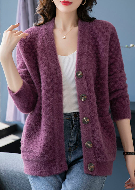 Beautiful Purple V Neck Pockets Patchwork Mink Hair Knitted Coats Fall Ada Fashion