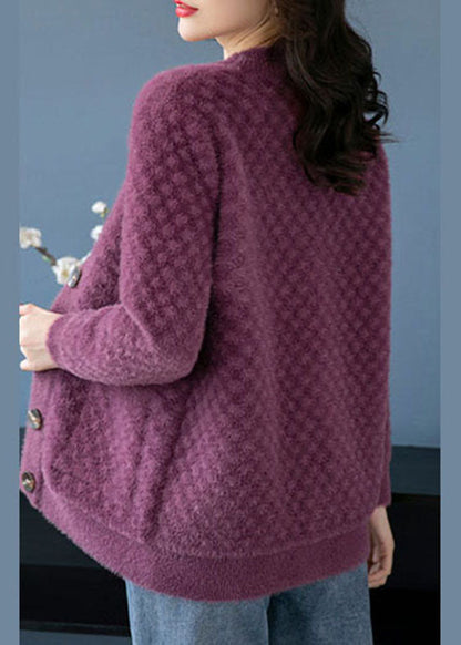 Beautiful Purple V Neck Pockets Patchwork Mink Hair Knitted Coats Fall Ada Fashion