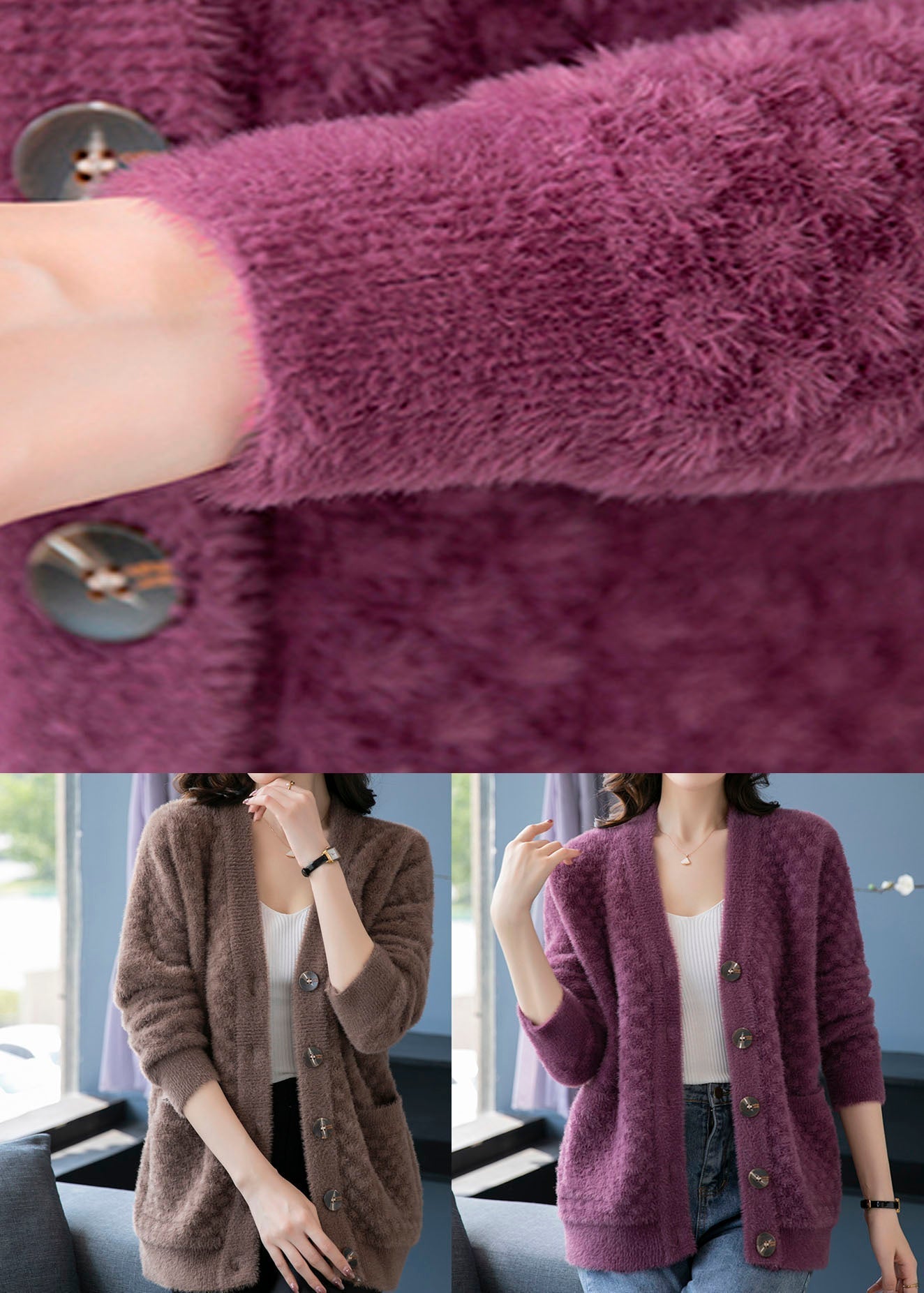 Beautiful Purple V Neck Pockets Patchwork Mink Hair Knitted Coats Fall Ada Fashion