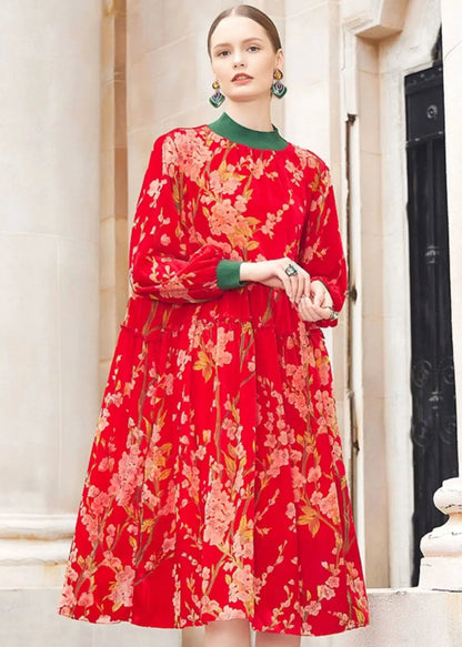 Beautiful Red Turtleneck Jacquard Patchwork Wrinkled Silk Velour Maxi Dresses Fall Ada Fashion