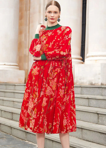 Beautiful Red Turtleneck Jacquard Patchwork Wrinkled Silk Velour Maxi Dresses Fall Ada Fashion