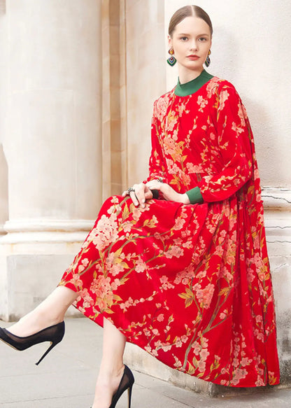 Beautiful Red Turtleneck Jacquard Patchwork Wrinkled Silk Velour Maxi Dresses Fall Ada Fashion