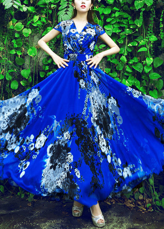 Beautiful Royalblue Print Tunic Chiffon Long Beach Dress Short Sleeve LY1722