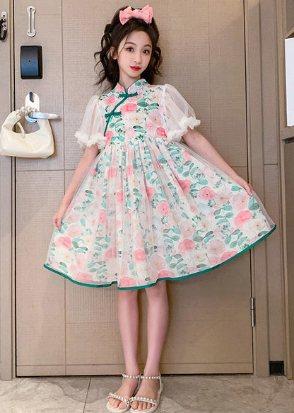 Belle robe d'été mi-longue à boutons en tulle et patchwork à col montant pour filles