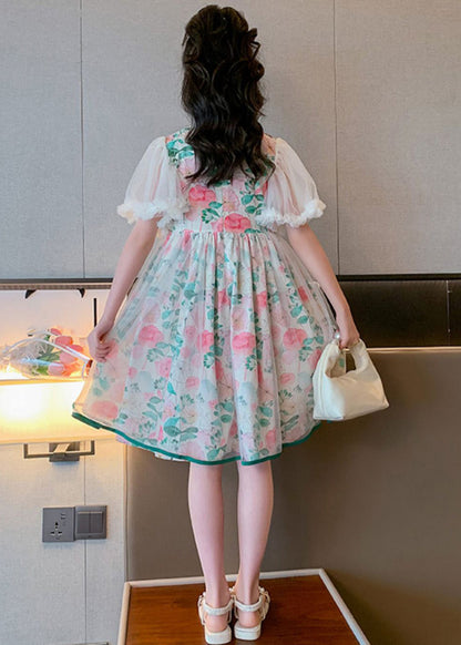 Belle robe d'été mi-longue à boutons en tulle et patchwork à col montant pour filles