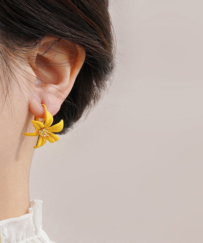 Beautiful Yellow Asymmetricar Lily Floral Stud Earrings Ada Fashion