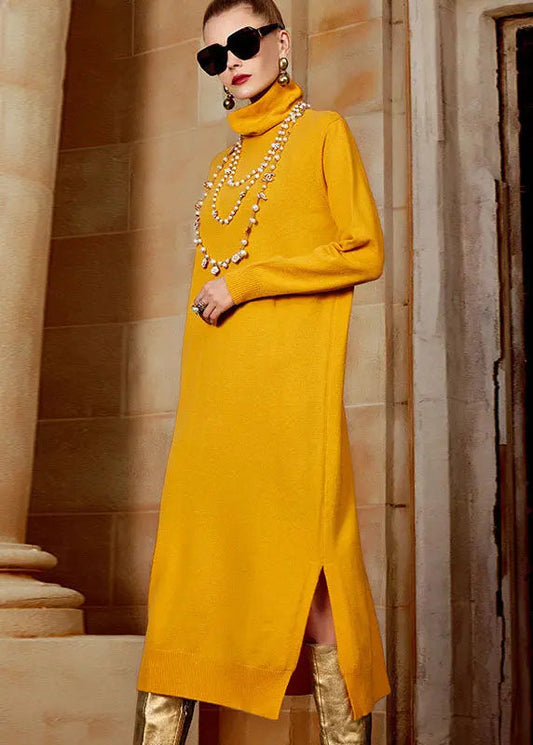 Beautiful Yellow Turtleneck Side Open Wool Knit Sweater Long Dresses Long Sleeve Ada Fashion