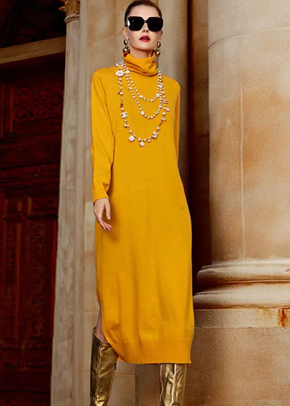 Beautiful Yellow Turtleneck Side Open Wool Knit Sweater Long Dresses Long Sleeve Ada Fashion