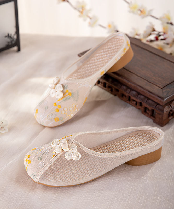 Beige Embroideried Slide Sandals Women Tulle Boho Splicing LY7625