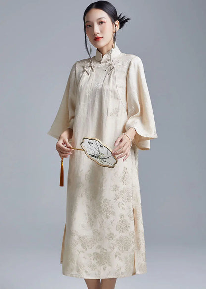 Beige Side Open Long Dress Long Sleeve Ada Fashion