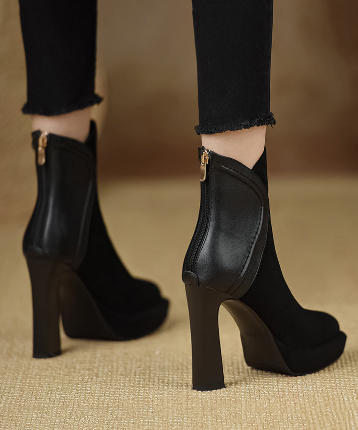 Black Boots High Heel Suede Splicing Zippered