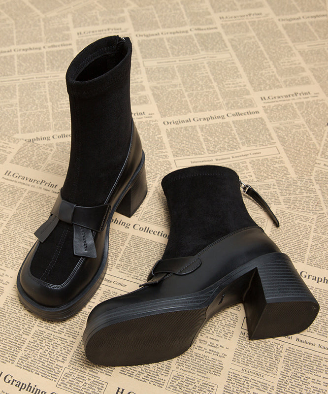 Black Chunky Zippered Splicing Boots