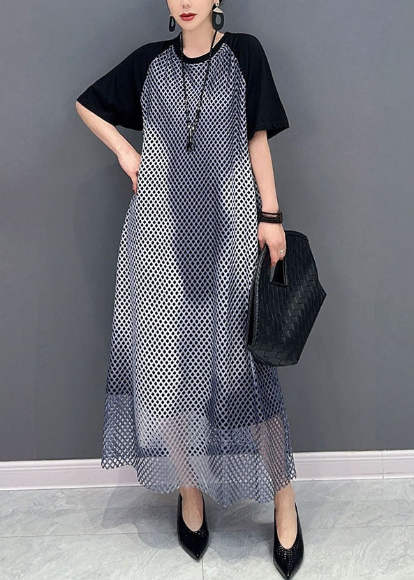 Black Patchwork Cotton Maxi Dresses O Neck Sheer Mesh Short Sleeve