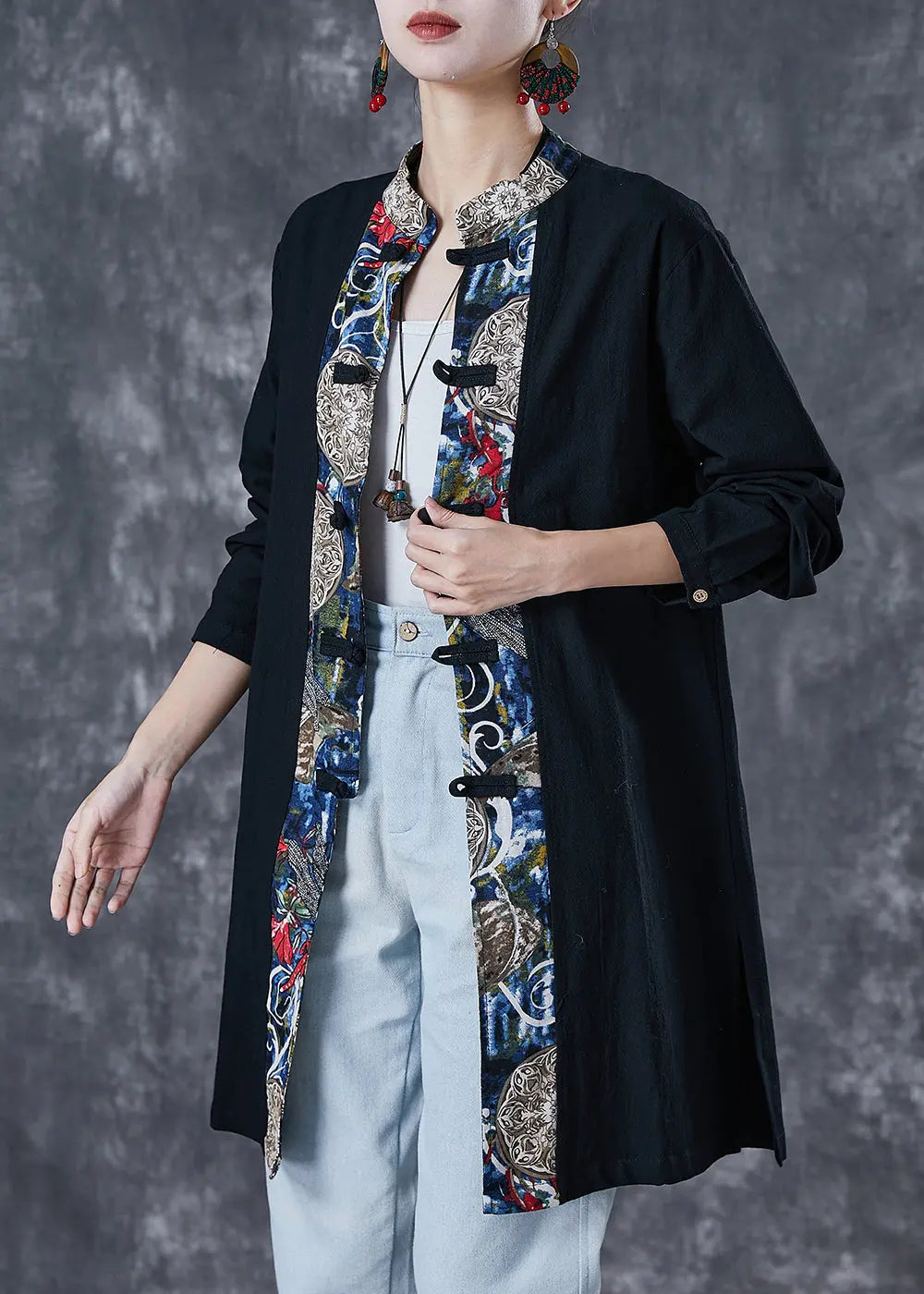 Black Patchwork Cotton Top Oversized Chinese Button Fall Ada Fashion