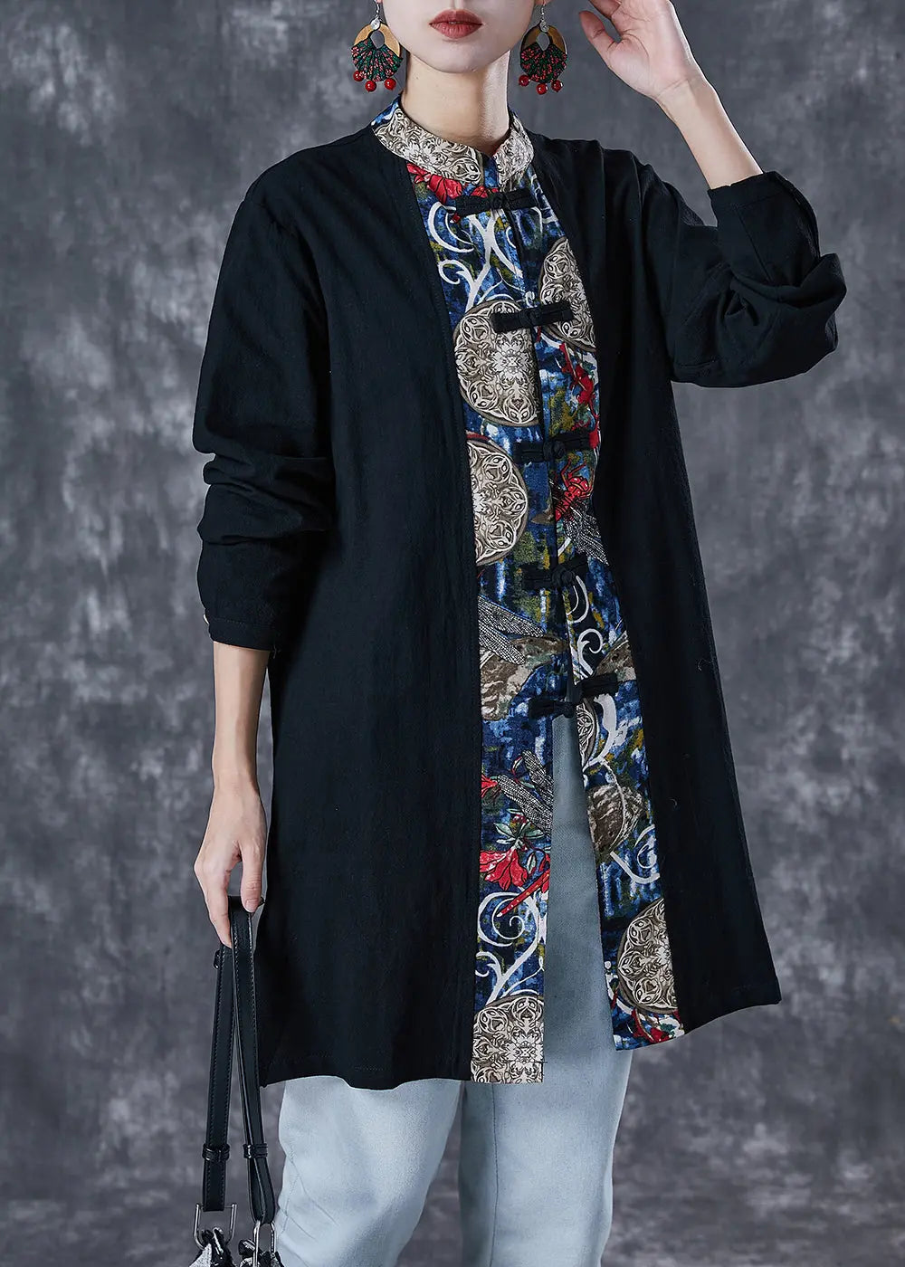 Black Patchwork Cotton Top Oversized Chinese Button Fall Ada Fashion