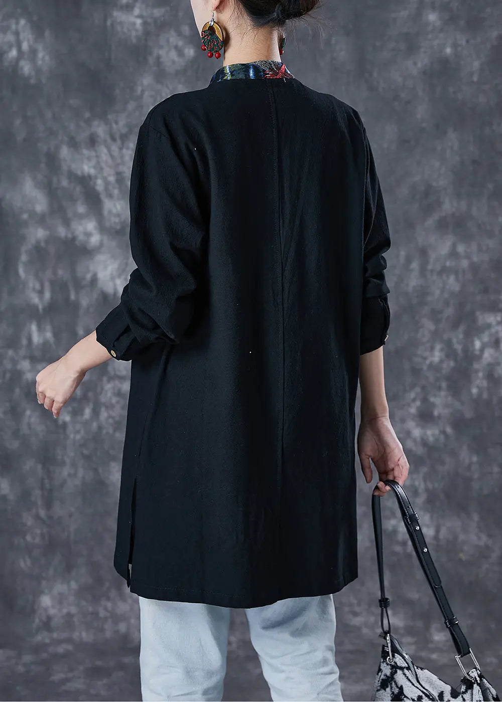 Black Patchwork Cotton Top Oversized Chinese Button Fall Ada Fashion