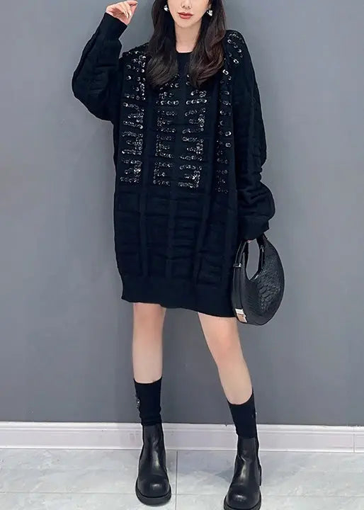 Black Patchwork Knitted Sweaters Dress O Neck Zircon Fall Ada Fashion