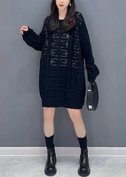 Black Patchwork Knitted Sweaters Dress O Neck Zircon Fall Ada Fashion