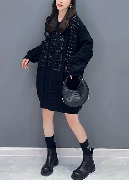 Black Patchwork Knitted Sweaters Dress O Neck Zircon Fall Ada Fashion