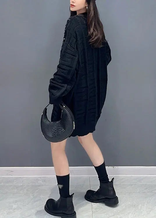 Black Patchwork Knitted Sweaters Dress O Neck Zircon Fall Ada Fashion