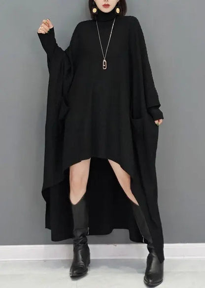 Black Patchwork Plus Size Knit Sweater Dress Hign Neck Fall Ada Fashion