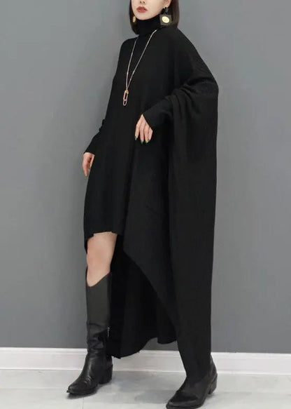 Black Patchwork Plus Size Knit Sweater Dress Hign Neck Fall Ada Fashion