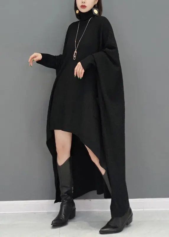 Black Patchwork Plus Size Knit Sweater Dress Hign Neck Fall Ada Fashion
