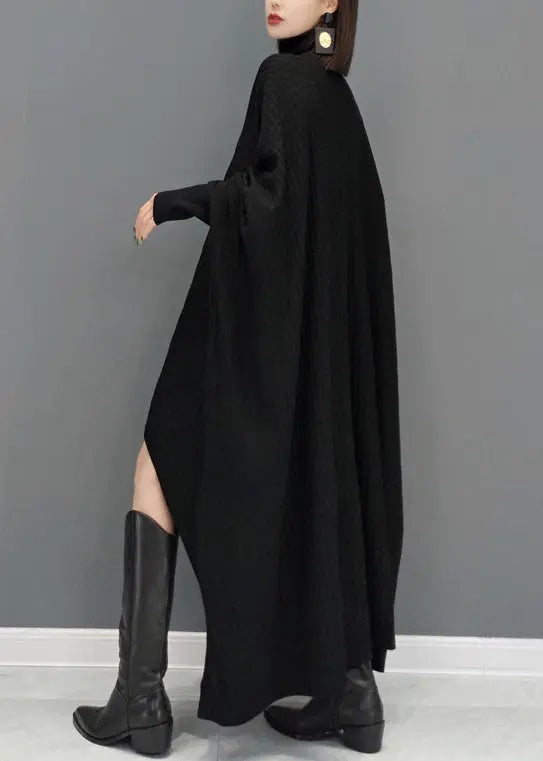 Black Patchwork Plus Size Knit Sweater Dress Hign Neck Fall Ada Fashion