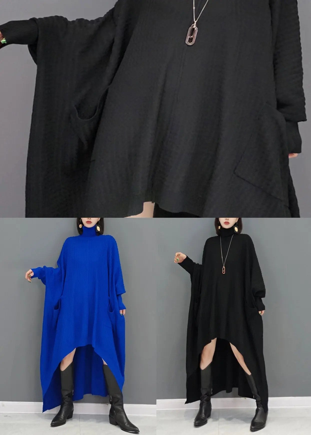 Black Patchwork Plus Size Knit Sweater Dress Hign Neck Fall Ada Fashion