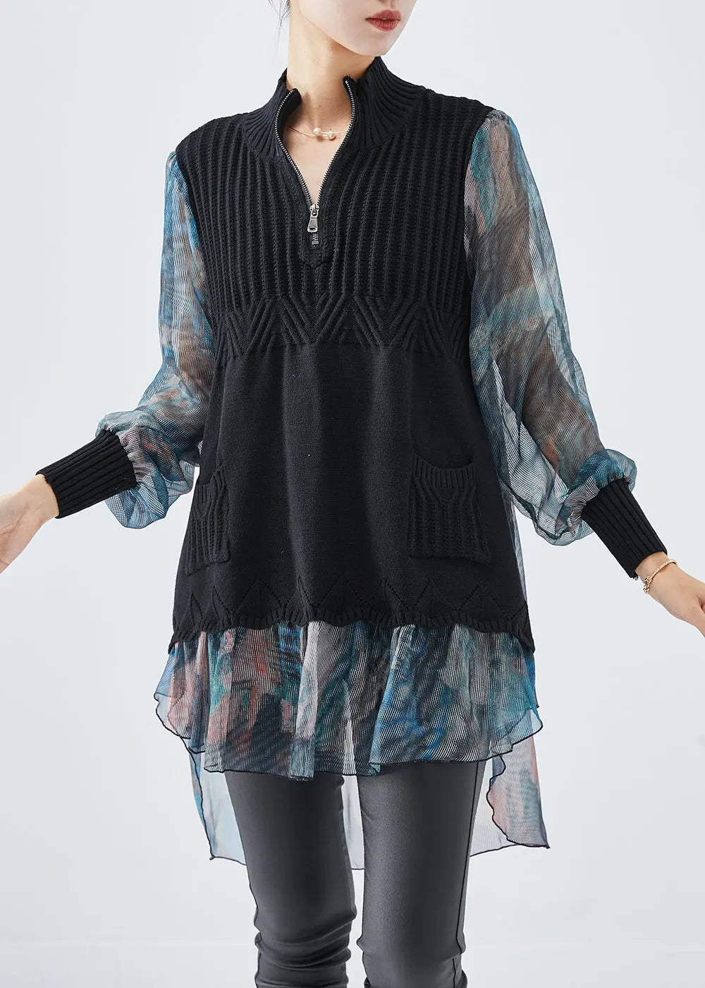 Black Patchwork Tulle Knit Shirts Tie Dye Fall Ada Fashion