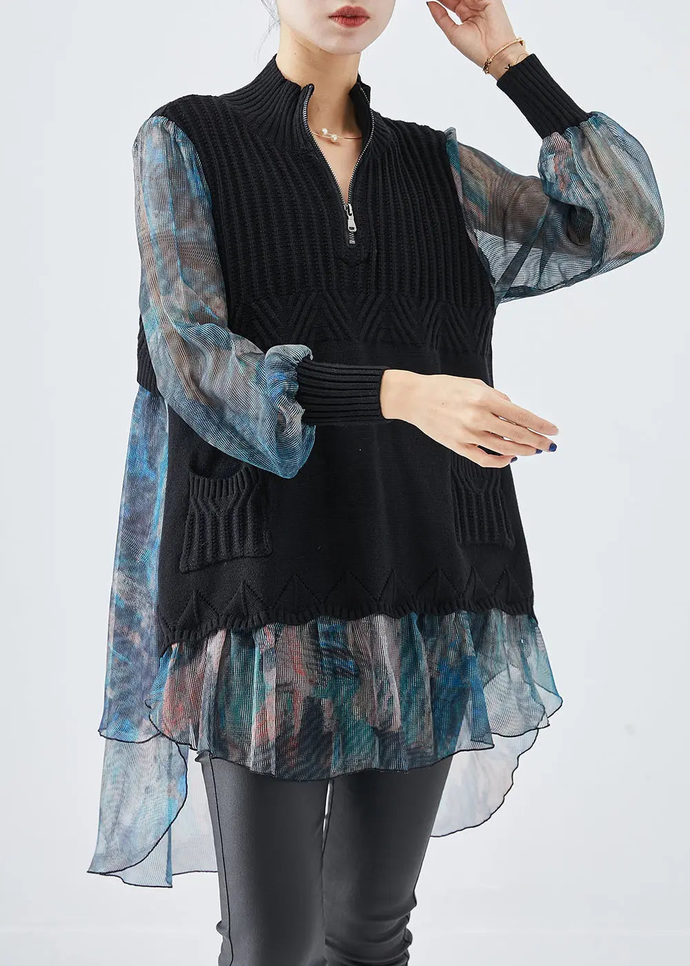 Black Patchwork Tulle Knit Shirts Tie Dye Fall Ada Fashion