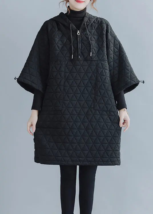 Black Pockets Patchwork Cotton Filled Mid Dress Zip Up Winter Ada Fashion