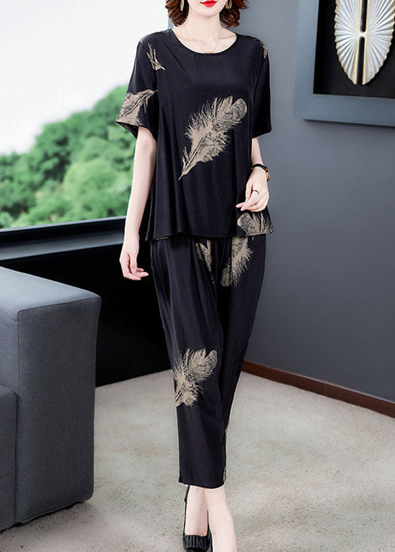 Black Print Patchwork Tops And Pants Cotton Two Pieces Set O-Neck Summer Ada Fashion