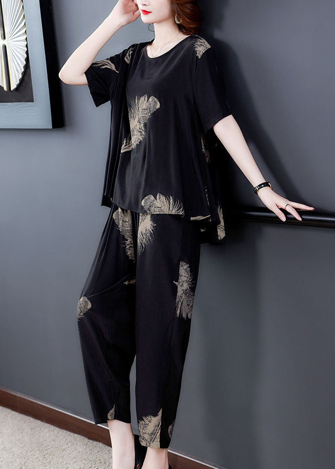 Black Print Patchwork Tops And Pants Cotton Two Pieces Set O-Neck Summer Ada Fashion