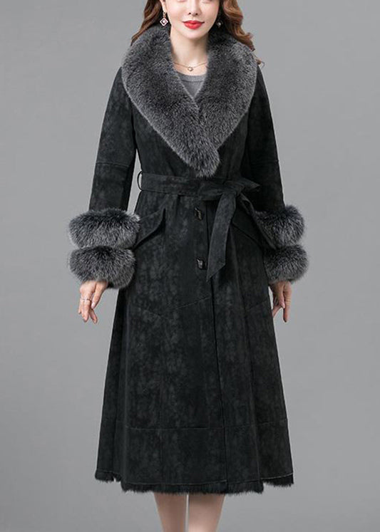 Black Warm Faux Rabbit Leather And Fur Coats Fox Collar Tie Waist Winter Ada Fashion