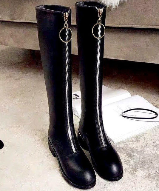 Black Zippered Cowhide Leather Boho Knee boots LY4392
