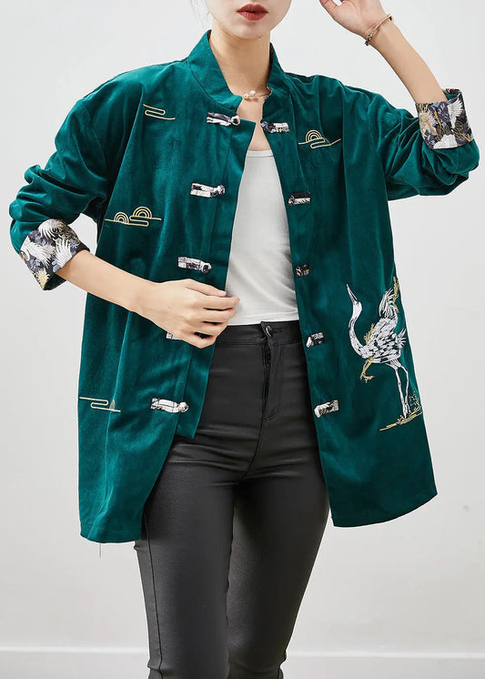 Blackish Green Silk Velour Jackets Embroidered Chinese Button Fall Ada Fashion