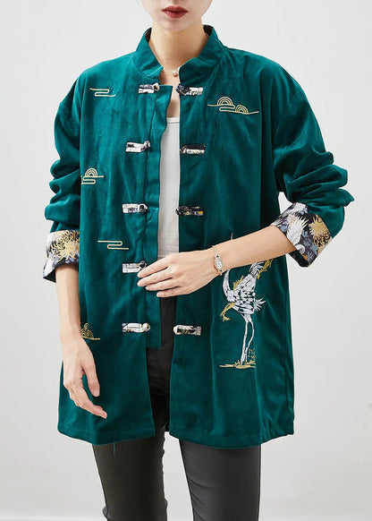 Blackish Green Silk Velour Jackets Embroidered Chinese Button Fall Ada Fashion