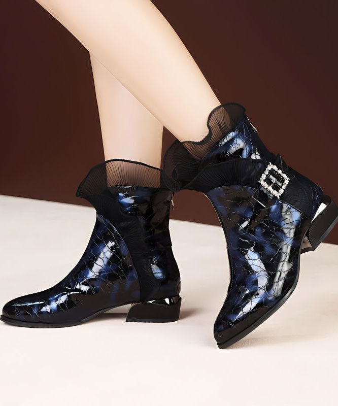 Blue Faux Leather Warm Fleece Boots Splicing Zircon Lace AH684