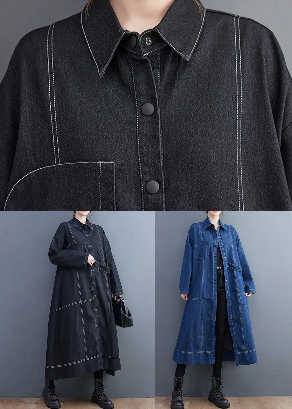 Blue Patchwork Denim Long Trench Coat Peter Pan Collar Long Sleeve Ada Fashion