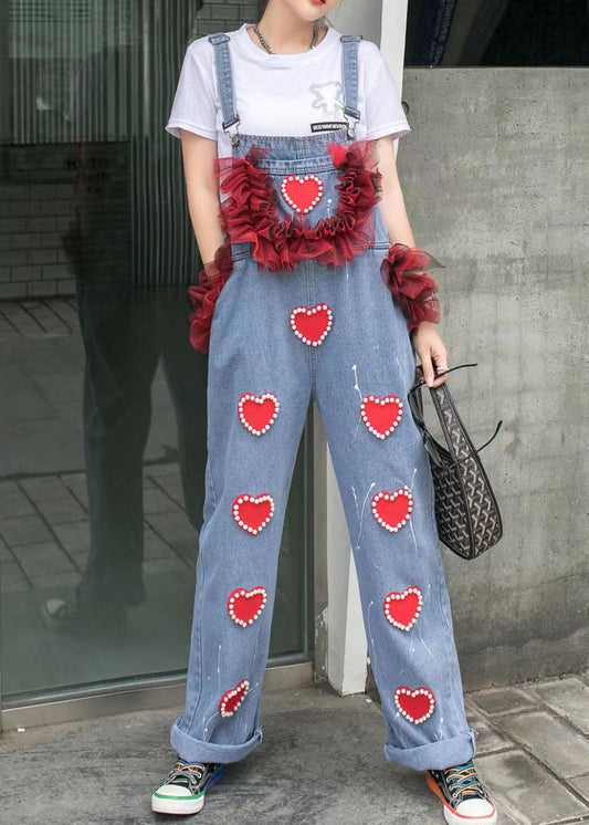 Blue Patchwork Spaghetti Strap Denim Jumpsuits Tulle Ruffled Heart Nail Bead Summer LY5230