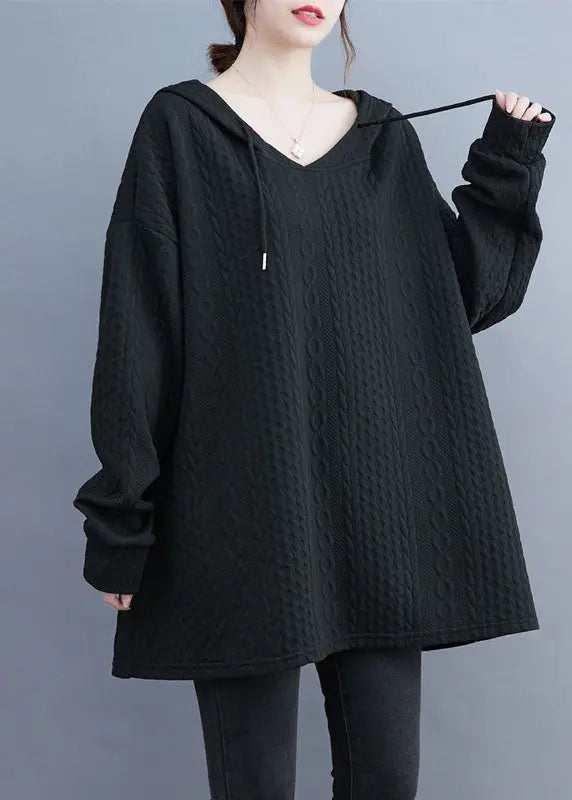 Bohemian Black Drawstring Hooded Sweatshirt Long Sleeve Ada Fashion