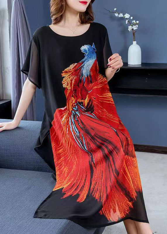 Bohemian Black O Neck Animal Print Patchwork Chiffon Dresses Summer Ada Fashion