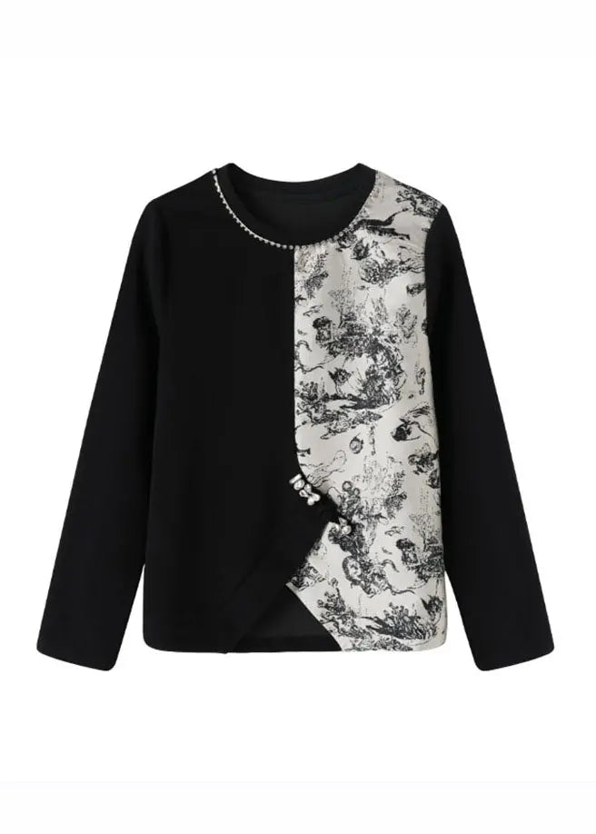 Bohemian Black O-Neck Asymmetrical Print Patchwork Tops Fall Ada Fashion