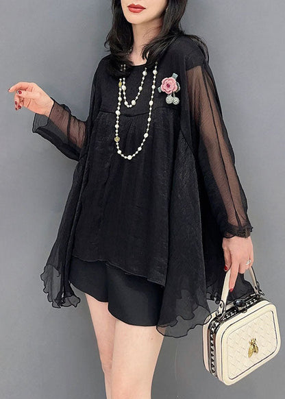 Haut en tulle patchwork froissé à col rond noir bohème pour le printemps