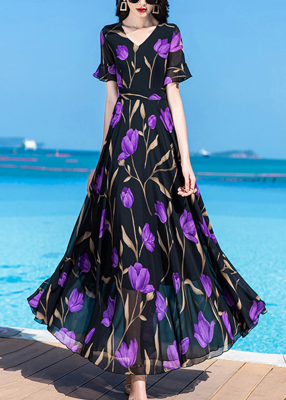Bohemian Black Print Tunic Silk Maxi Traveling Dress Short Sleeve LY1703