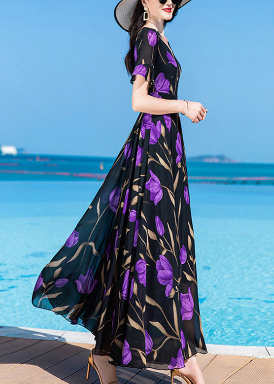 Bohemian Black Print Tunic Silk Maxi Traveling Dress Short Sleeve LY1703