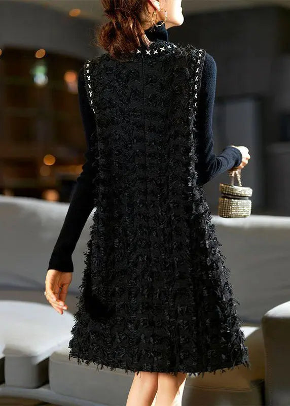 Bohemian Black V Neck Patchwork Tassel Mid Dress Fall Ada Fashion