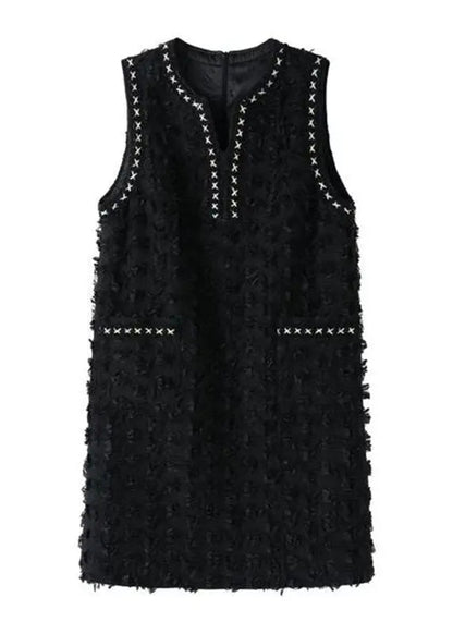 Bohemian Black V Neck Patchwork Tassel Mid Dress Fall Ada Fashion