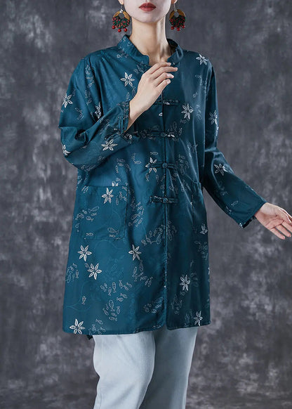 Bohemian Blackish Green Print Chinese Button Cotton Shirt Fall Ada Fashion